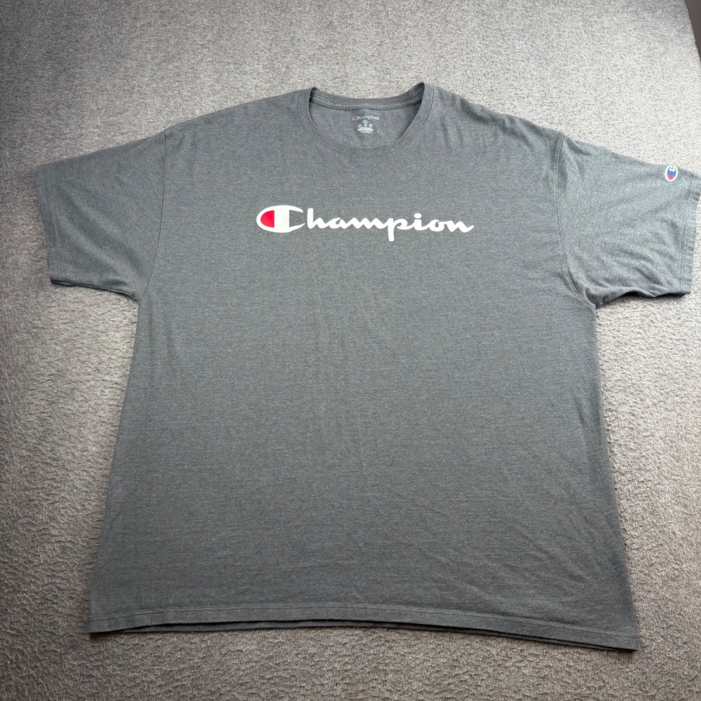 Champion T-Shirt Men's 2XL Gray Script Logo Short Sleeve Cotton Blend Tee